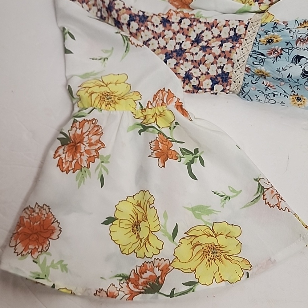GGO Boho Floral V-Neck Patchwork Mini Dress or Long Top in White & Yellow - Picture 7 of 9